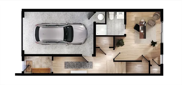 a picture of a living room with a table and flowerpot