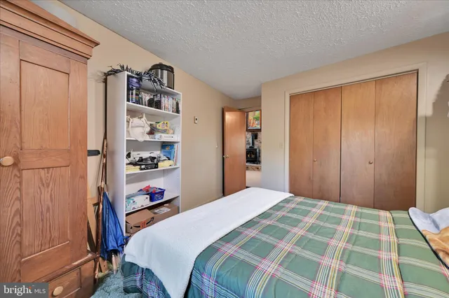 a bedroom with a bed and a closet