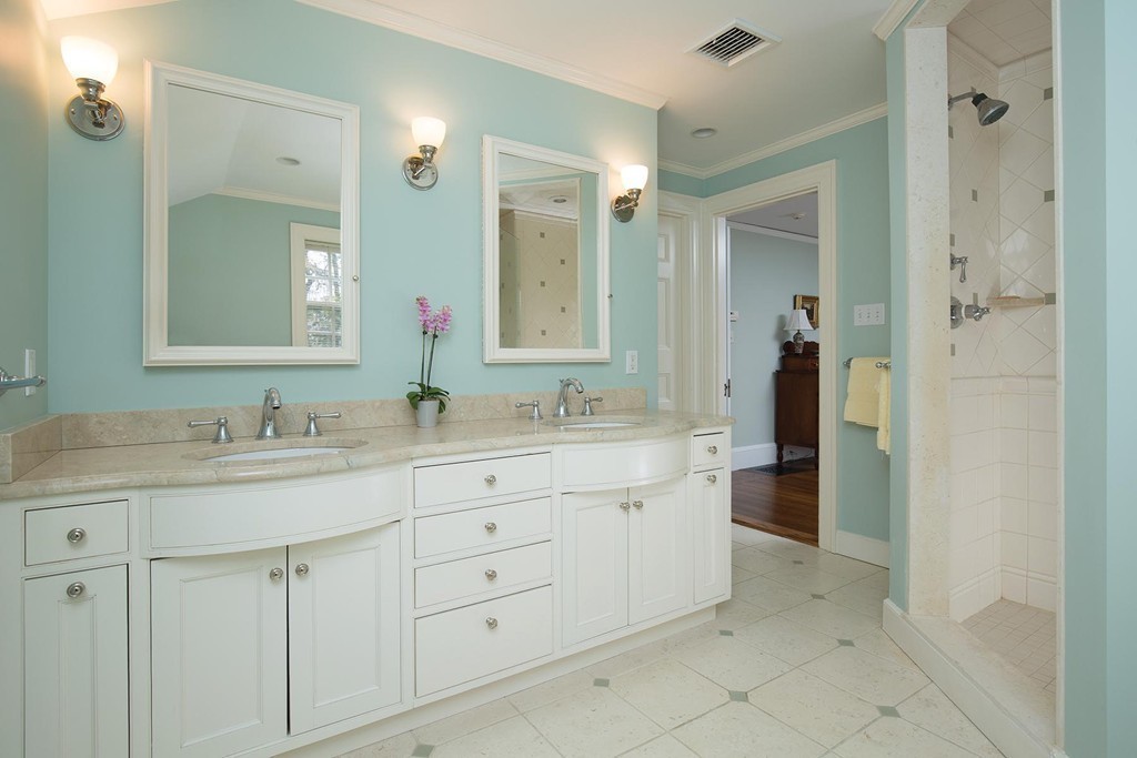 65 Suffolk Road Newton, MA 02467 - Photo 11 of 17 a bathroom with a granite countertop sink mirror and double