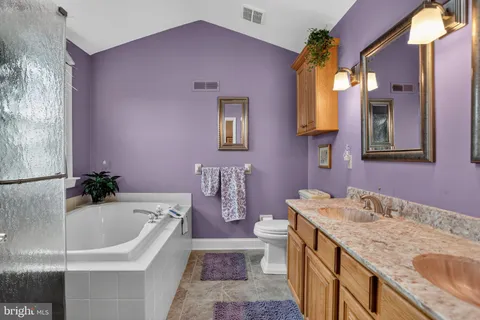 a bathroom with a granite countertop sink and a bathtub
