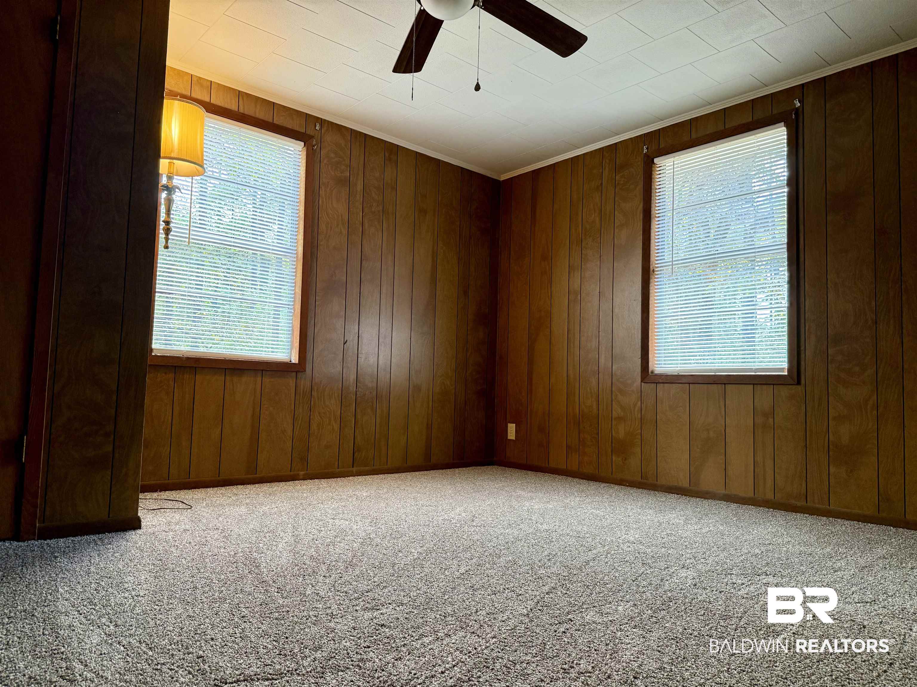 826 West Side Road Castleberry, AL 36432 - Photo 23 of 34 Empty room featuring wood walls, light colored carpet, plenty of natural light, and a ceiling fan