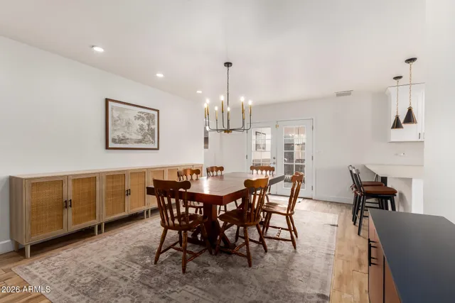 a view of a dining room with furniture