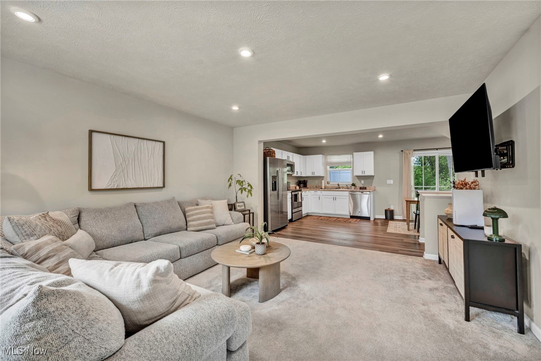 191 Raintree Lane Painesville, OH 44077 - Photo 6 of 35 Living room featuring recessed lighting, light carpet, and a textured ceiling