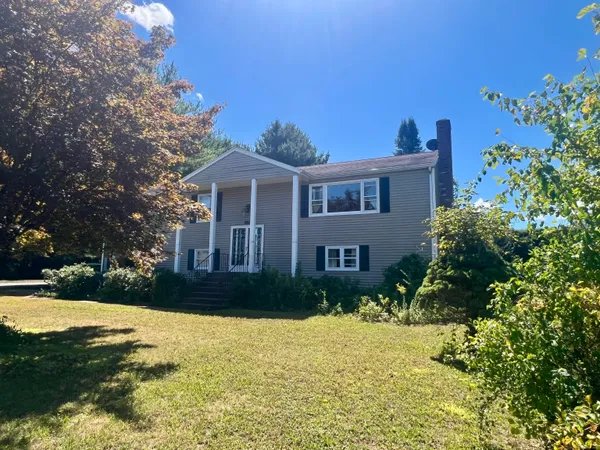 a front view of house with yard and green space