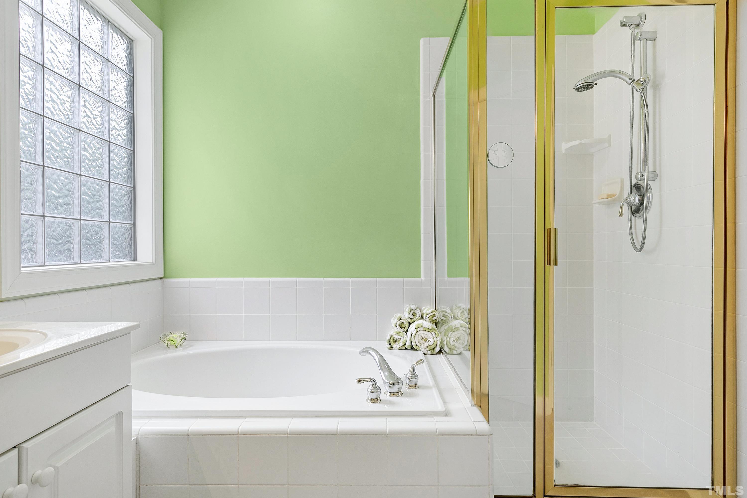 909 Cedar Downs Drive Raleigh, NC 27607 - Photo 21 of 32 a bathroom with a bathtub and a shower