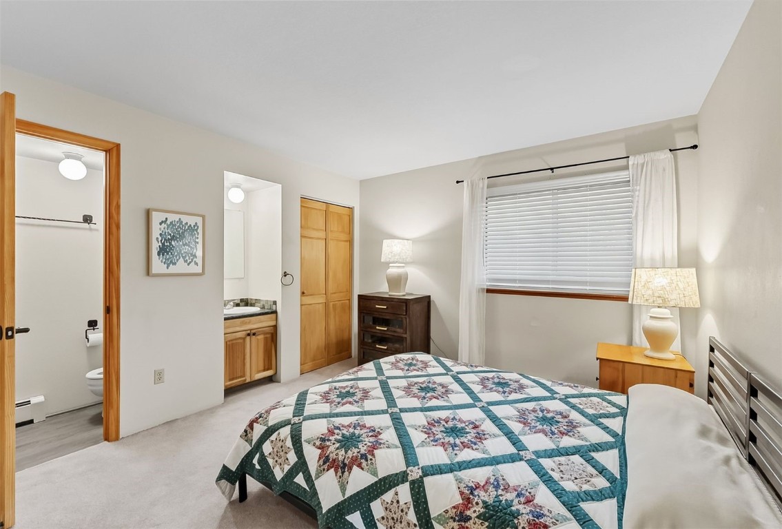 9849 Ryan Gulch Road, Unit 203 Silverthorne, CO 80498 - Photo 17 of 35 a bedroom with a bed and a dresser in it