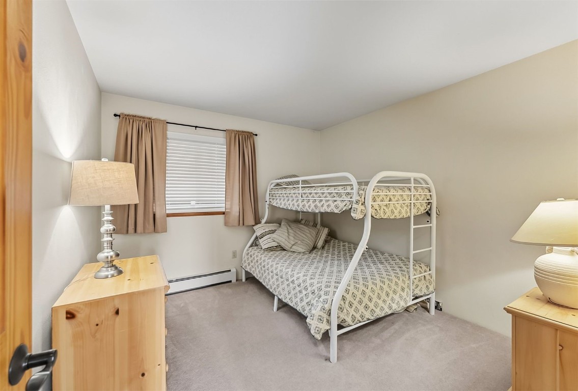 9849 Ryan Gulch Road, Unit 203 Silverthorne, CO 80498 - Photo 21 of 35 a bedroom with a bed and wooden floor