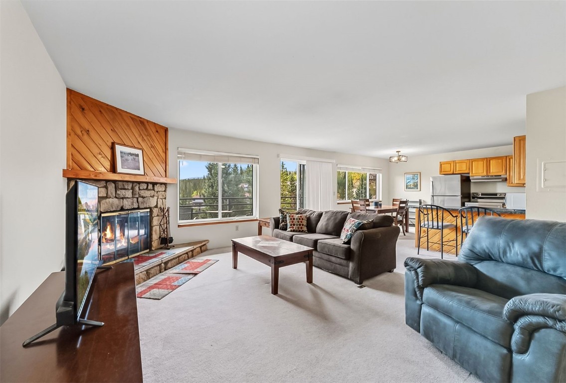 9849 Ryan Gulch Road, Unit 203 Silverthorne, CO 80498 - Photo 6 of 35 a living room with fireplace furniture and a flat screen tv