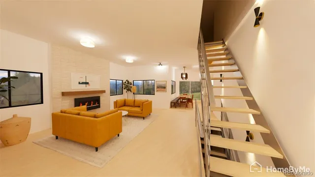 a view of living room with furniture and fireplace