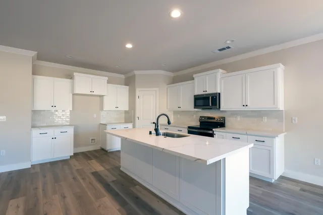 a kitchen with a sink a stove and cabinets