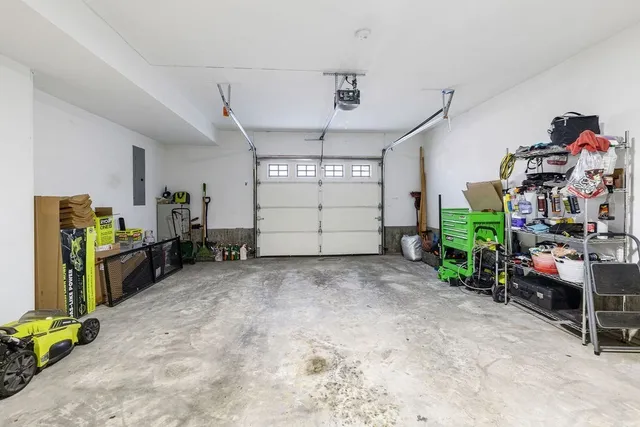 a view of a garage with storage