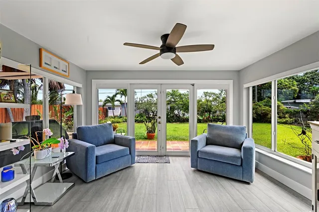 a living room with furniture and a floor to ceiling window