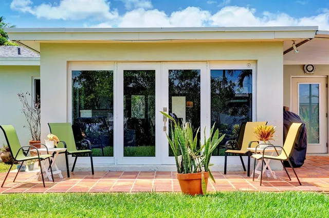 a building outdoor space with furniture