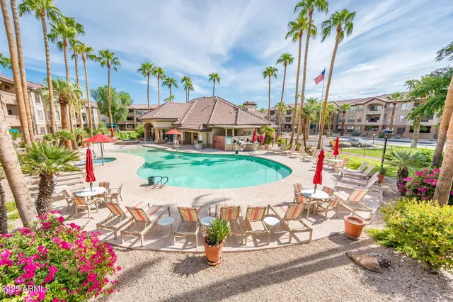 an outdoor space with furniture