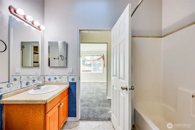 a bathroom with a sink and a mirror
