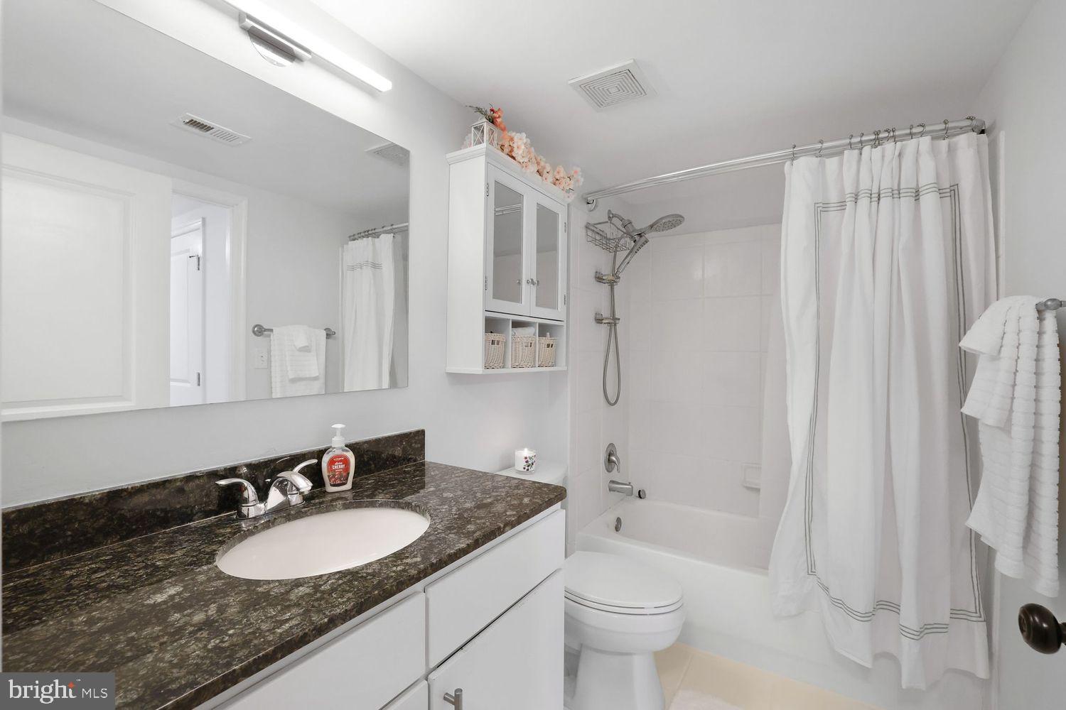 915 E Street Northwest, Unit 403 Washington, DC 20004 - Photo 18 of 30 a bathroom with a granite countertop sink toilet and shower
