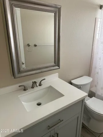 a bathroom with a sink a toilet a mirror and shower