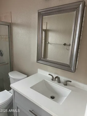 a bathroom with a sink a toilet and mirror