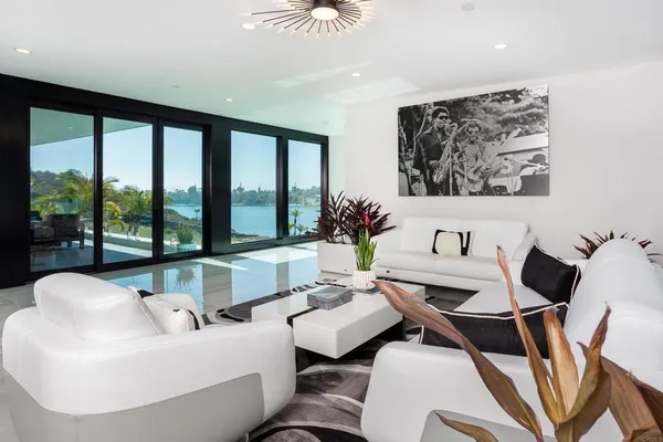 a living room with furniture and a table