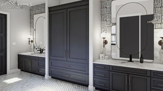 a bathroom with a double vanity sink and a mirror