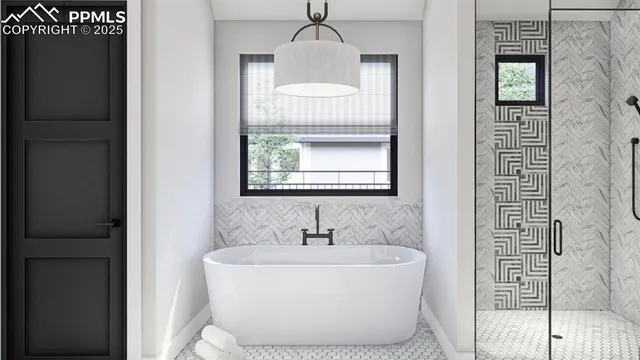a white bath tub sitting in a bathroom next to a window