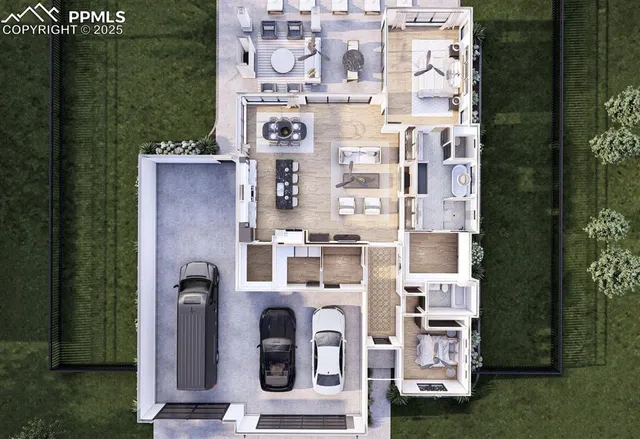 aerial view of a house with a yard