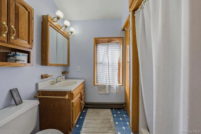 a bathroom with a sink a toilet and a mirror