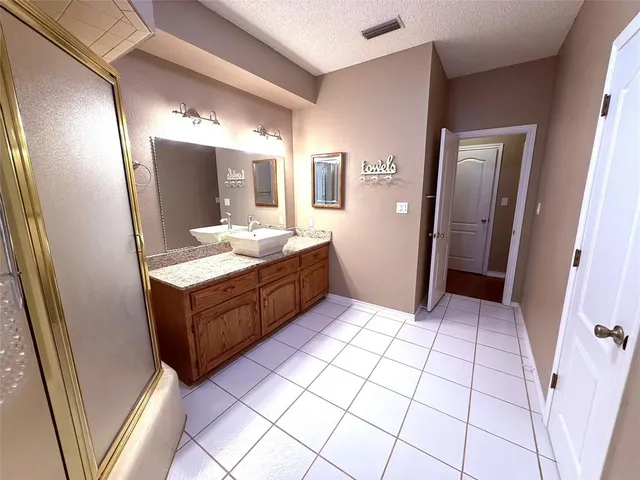 a bathroom with a sink a mirror and a shower