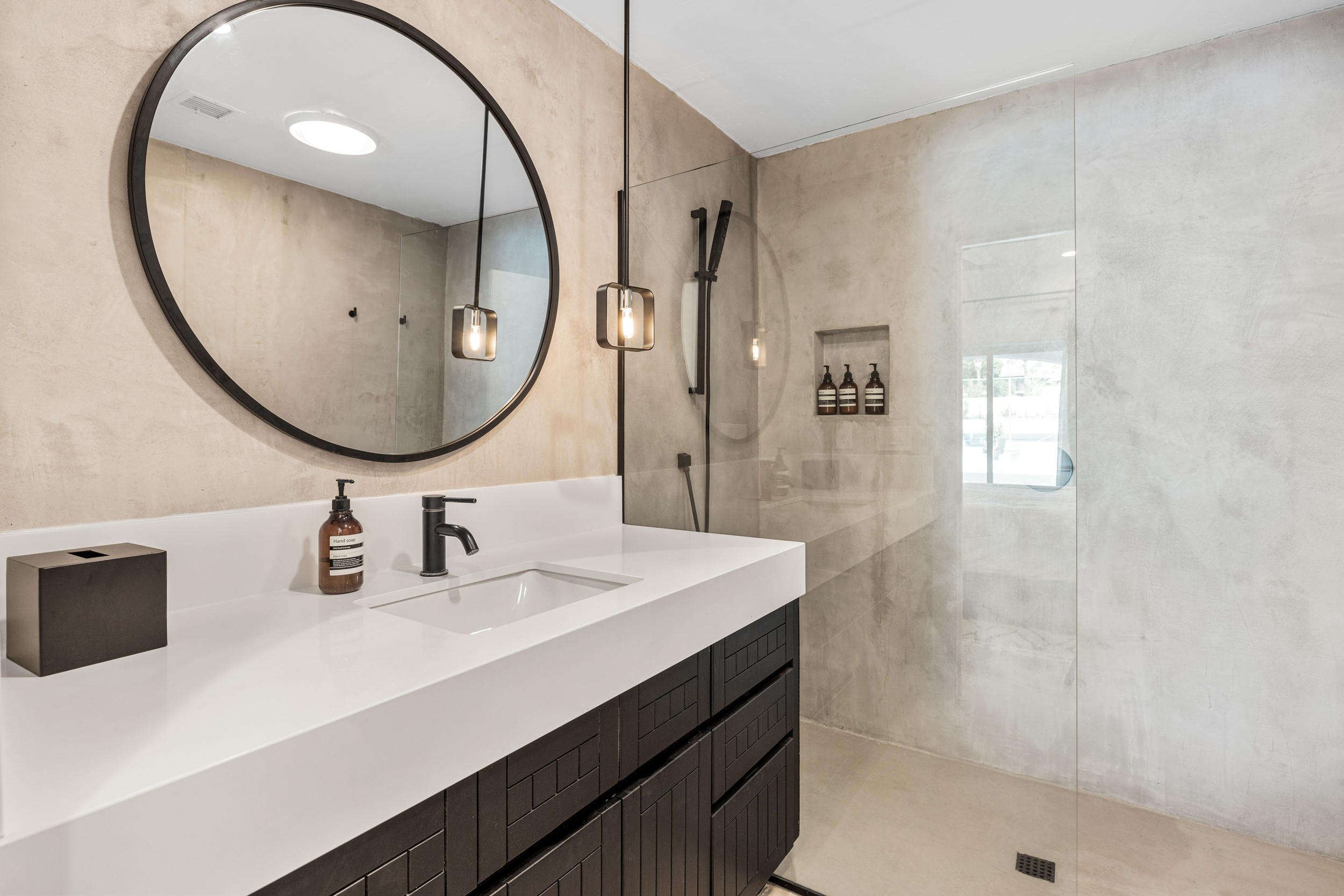 594 West Stevens Road, Unit A Palm Springs, CA 92262 - Photo 115 of 133 a bathroom with a sink a mirror a vanity and a shower
