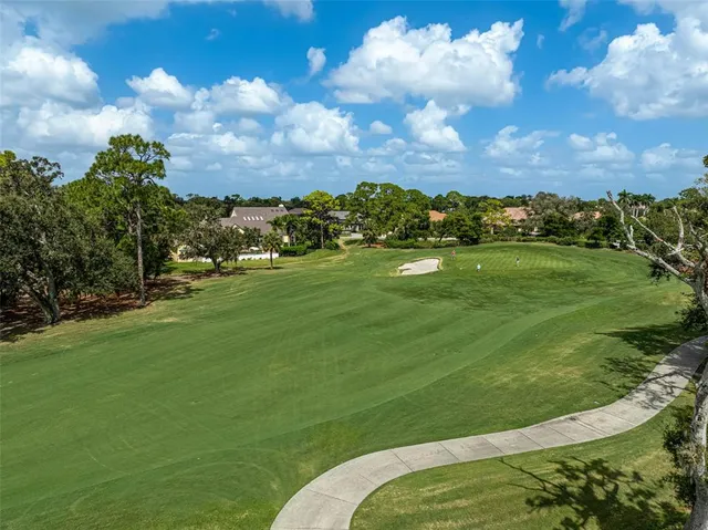 a view of a tennis ground with large trees