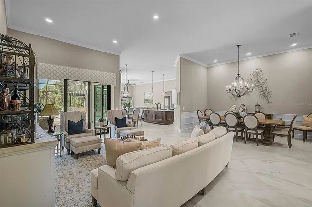 a view of a dining room with furniture window and chandelier