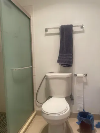 a white toilet sitting next to a shower