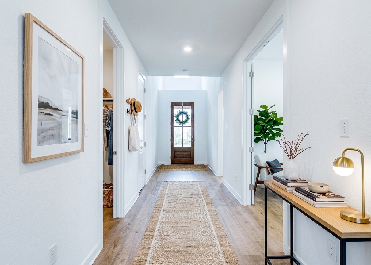 Gleaming wood floors lead down a long hallway toward a glass-paneled entry door.