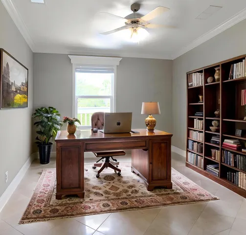a room with a table and bookshelf