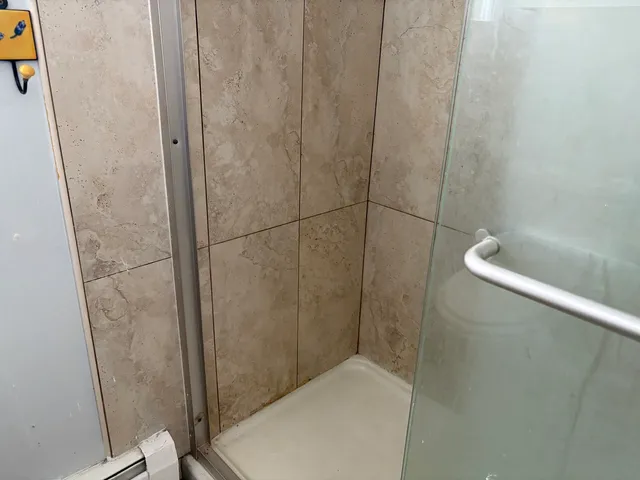 a bathroom with a shower and toilet