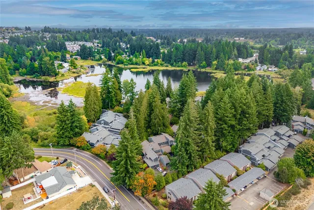 an aerial view of a house with a lake view