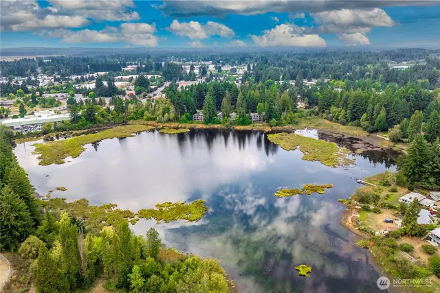 a view of a lake with a city