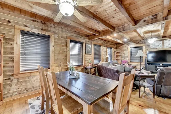 a view of a dining room with furniture