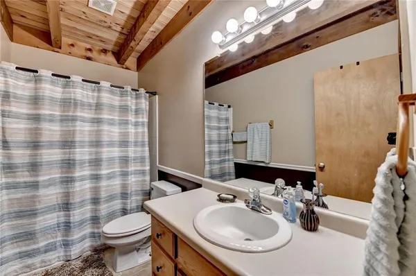 a bathroom with a sink a toilet a mirror and shower curtain