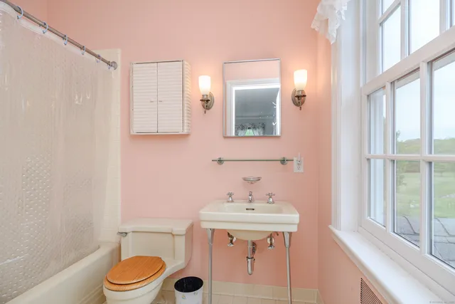 a bathroom with a sink a toilet and mirror