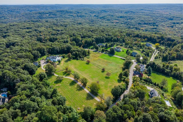 an aerial view of residential houses with outdoor space and trees