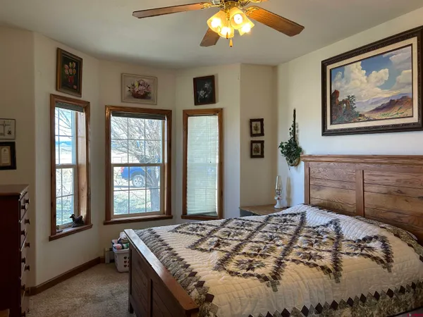 a bedroom with a bed and a furniture