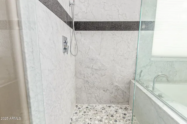 a bathroom with a shower and a sink