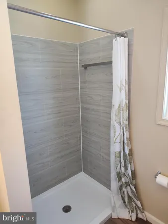 a bathroom with a shower and a toilet