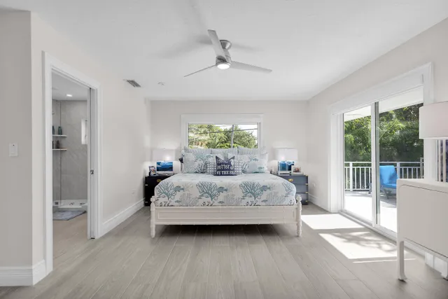 a spacious bedroom with a bed and a large window