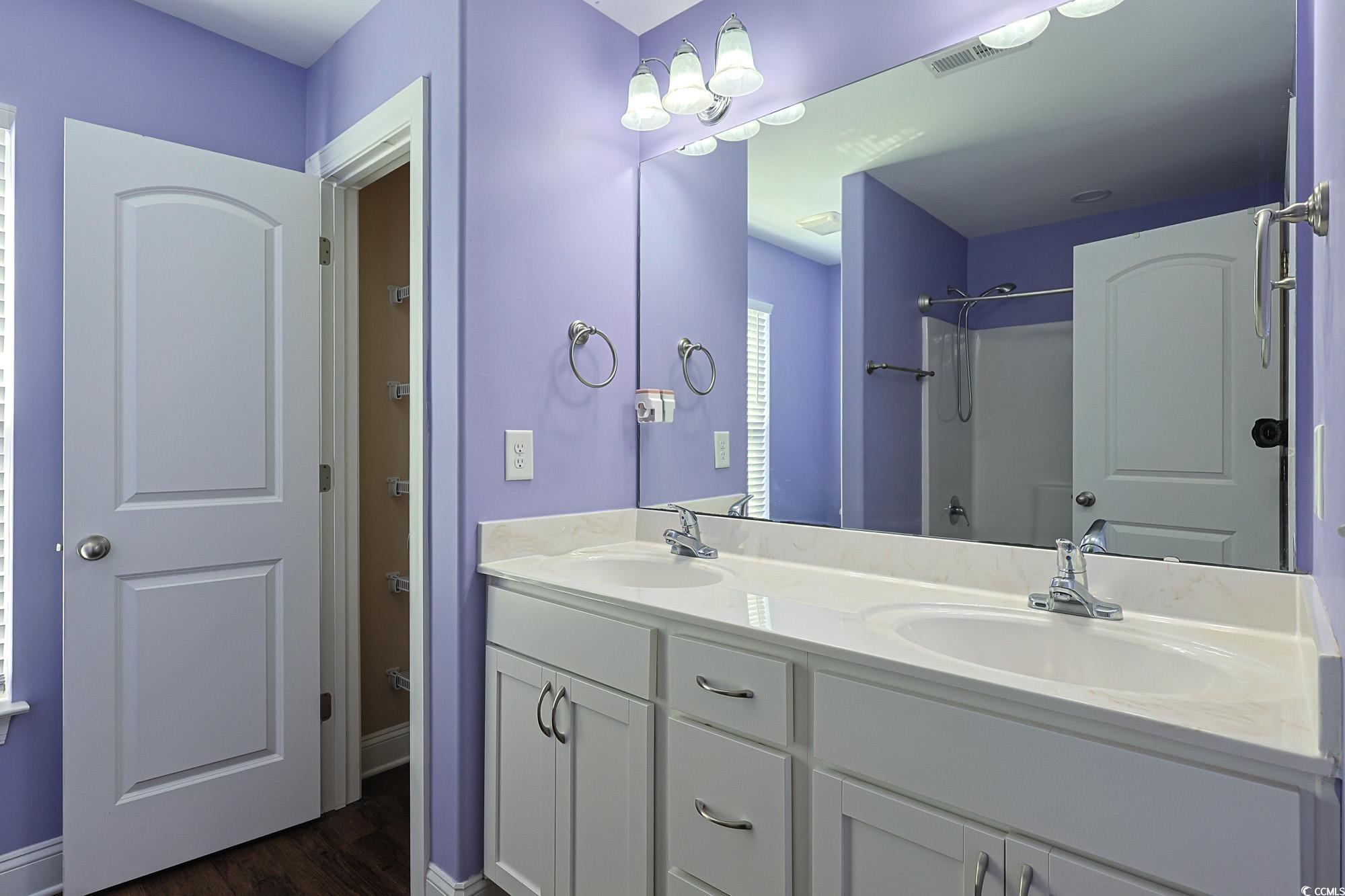 13 Daniel Morrall Lane Georgetown, SC 29440 - Photo 14 of 30 Bathroom featuring double vanity, dark wood finished floors, and a shower