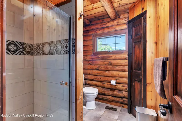 a bathroom with a toilet and a shower