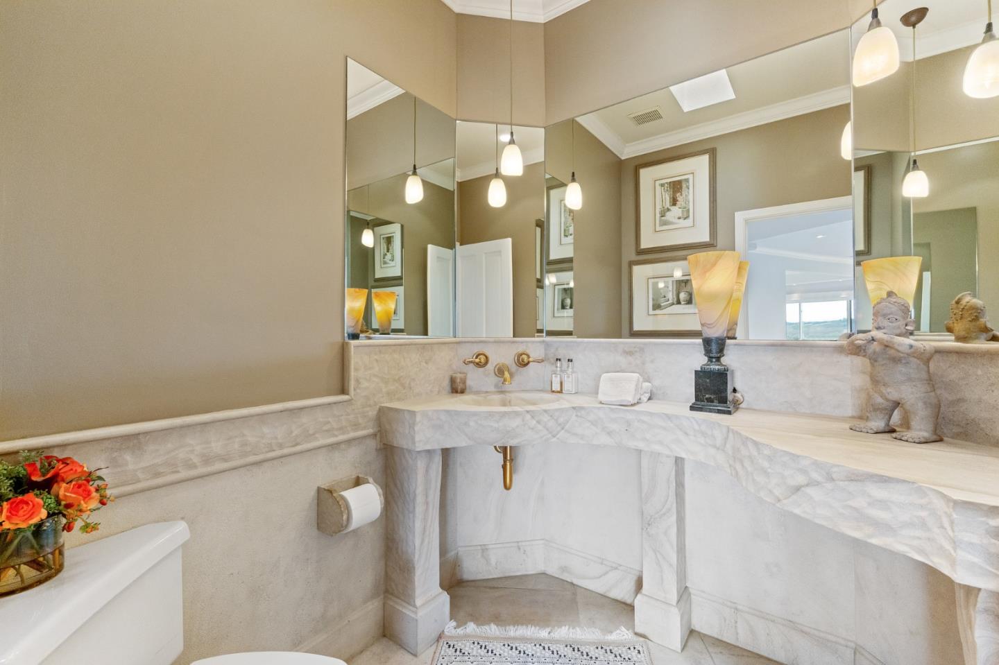 25 Preston Road Woodside, CA 94062 - Photo 40 of 71 a bathroom with a sink vanity and a mirror