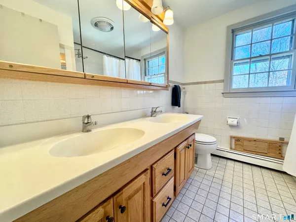 a bathroom with a sink a toilet and mirror