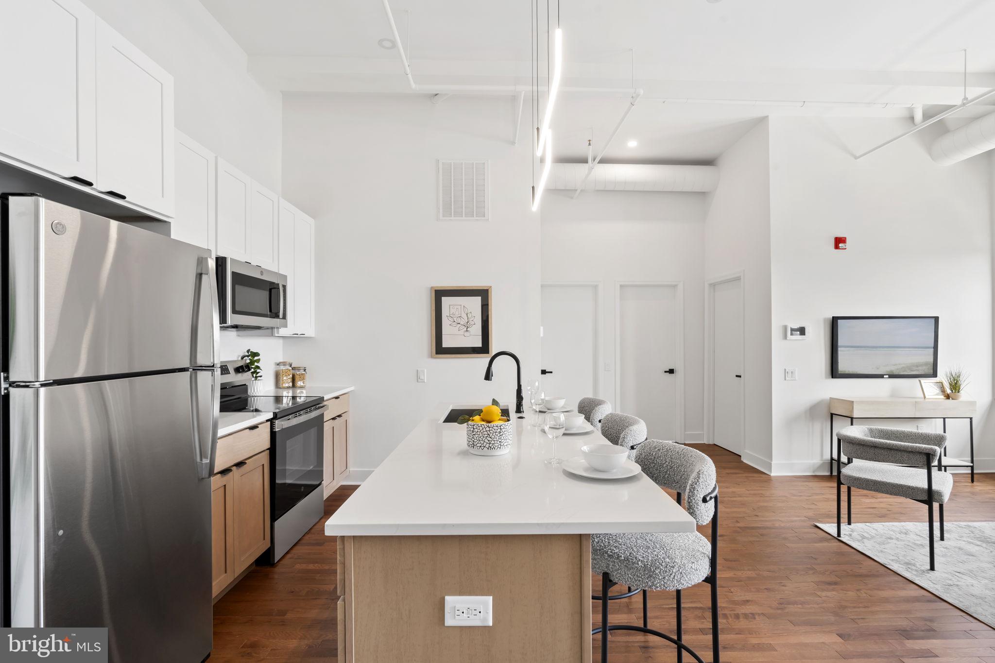 240 Hermitage Street, Unit 202 Philadelphia, PA 19127 - Photo 2 of 23 a kitchen with stainless steel appliances a refrigerator a stove a sink a dining table and chairs with wooden floor
